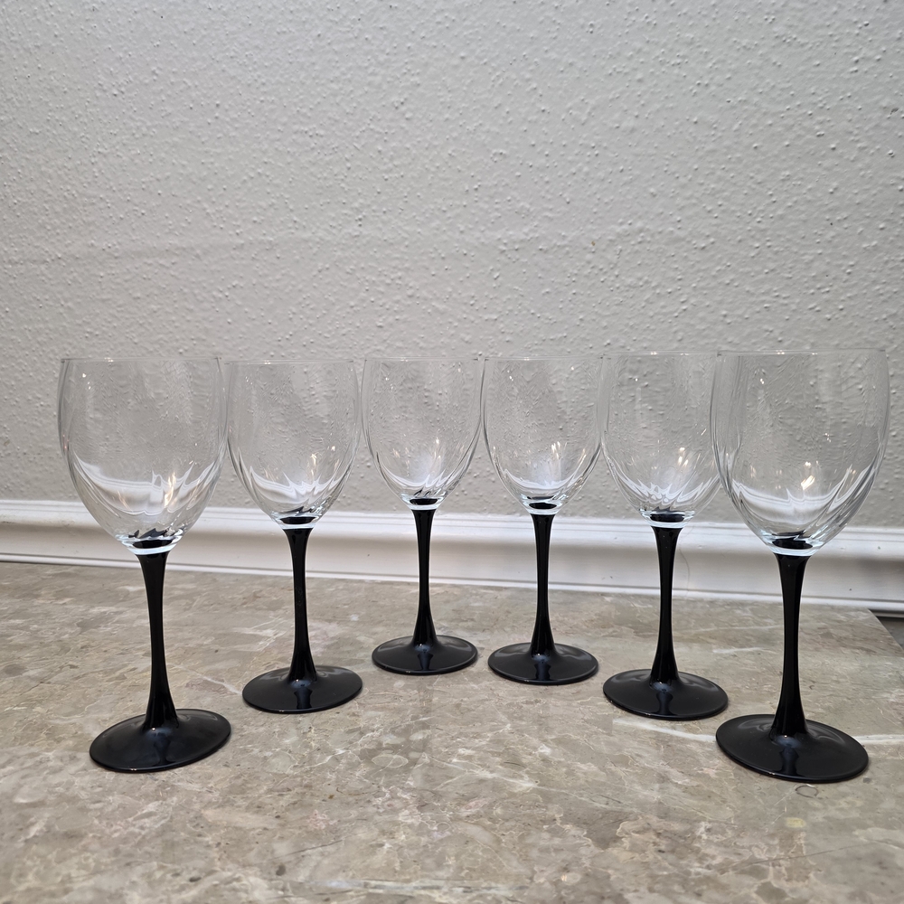 Luminarc Black Stem Wine Glasses Set of 6 Vintage 1980s Style